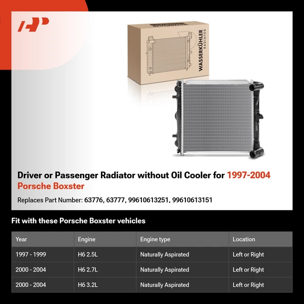 Driver or Passenger Radiator without Oil Cooler for 1997-2004 Porsche Boxster