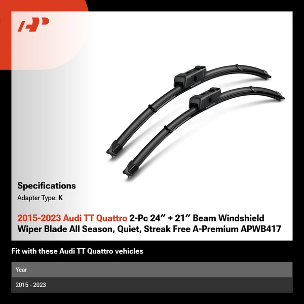 2015-2023 Audi TT Quattro 2-Pc 24″ + 21″ Beam Windshield Wiper Blade All Season, Quiet, Streak Free A-Premium APWB417