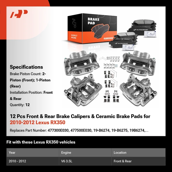 12 Pcs Front & Rear Brake Calipers & Ceramic Brake Pads for 2010-2012 Lexus RX350