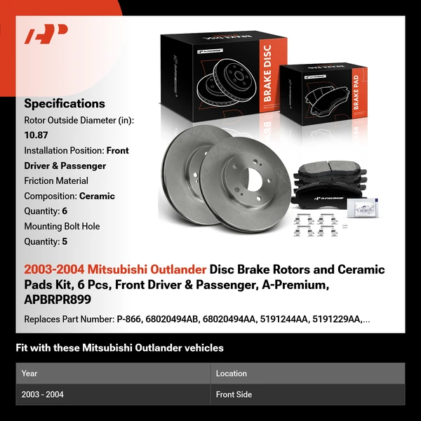 2003-2004 Mitsubishi Outlander Disc Brake Rotors and Ceramic Pads Kit, 6 Pcs, Front Driver & Passenger, A-Premium, APBRPR899