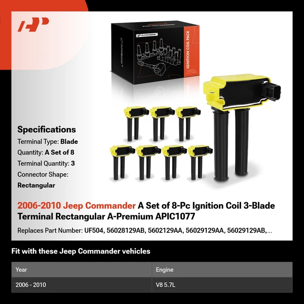 2006-2010 Jeep Commander A Set of 8-Pc Ignition Coil 3-Blade Terminal Rectangular A-Premium APIC1077
