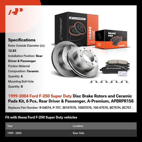1999-2004 Ford F-250 Super Duty Disc Brake Rotors and Ceramic Pads Kit, 6 Pcs, Rear Driver & Passenger, A-Premium, APBRPR158