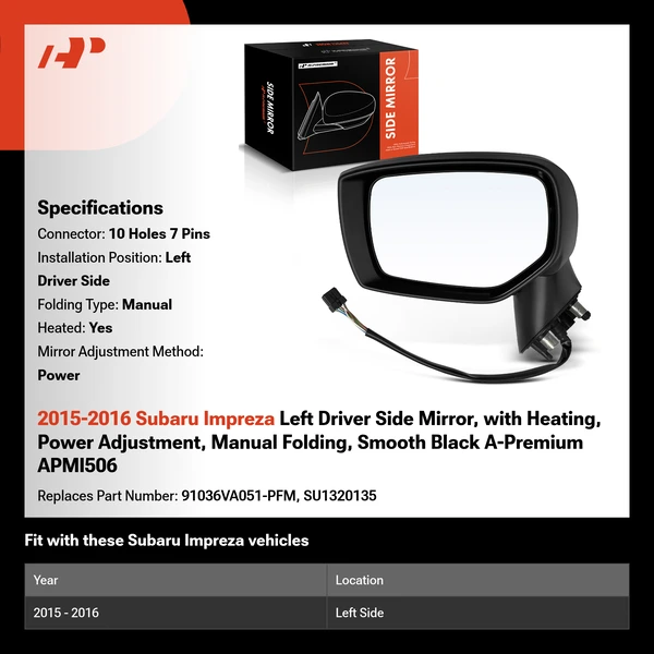 2015-2016 Subaru Impreza Left Driver Side Mirror, with Heating, Power Adjustment, Manual Folding, Smooth Black A-Premium APMI506