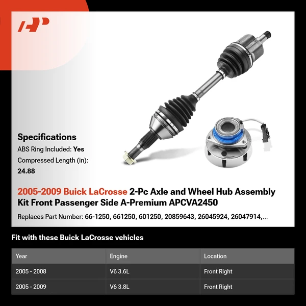 2005-2009 Buick LaCrosse 2-Pc Axle and Wheel Hub Assembly Kit Front Passenger Side A-Premium APCVA2450