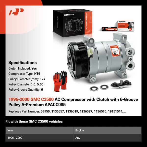 1996-2000 GMC C3500 AC Compressor with Clutch with 6-Groove Pulley A-Premium APACC085