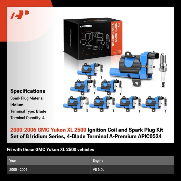 2000-2006 GMC Yukon XL 2500 Ignition Coil and Spark Plug Kit Set of 8 Iridium Series, 4-Blade Terminal A-Premium APIC0524
