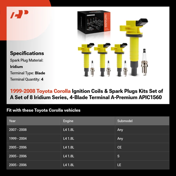1999-2008 Toyota Corolla Ignition Coils & Spark Plugs Kits Set of A Set of 8 Iridium Series, 4-Blade Terminal A-Premium APIC1560