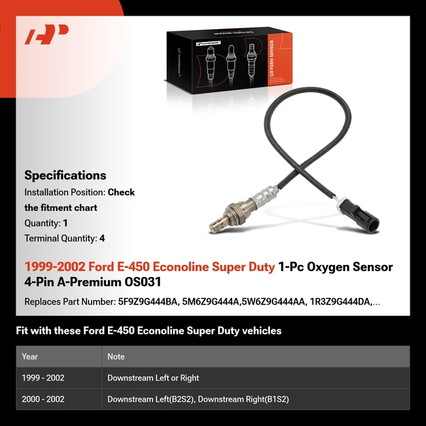 1999-2002 Ford E-450 Econoline Super Duty 1-Pc Oxygen Sensor 4-Pin A-Premium OS031