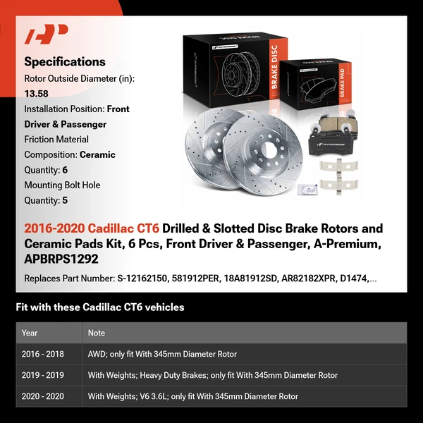 2016-2020 Cadillac CT6 Drilled & Slotted Disc Brake Rotors and Ceramic Pads Kit, 6 Pcs, Front Driver & Passenger, A-Premium, APBRPS1292