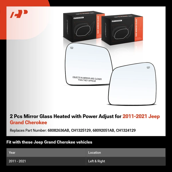 2 Pcs Mirror Glass Heated with Power Adjust for 2011-2021 Jeep Grand Cherokee