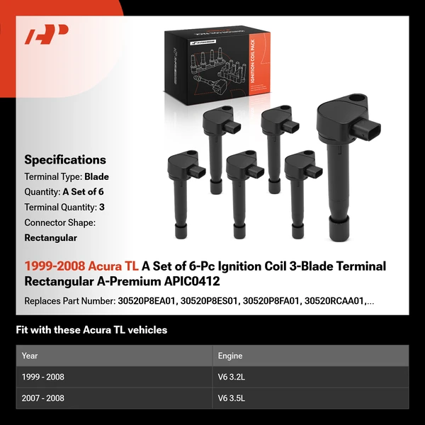 1999-2008 Acura TL A Set of 6-Pc Ignition Coil 3-Blade Terminal Rectangular A-Premium APIC0412