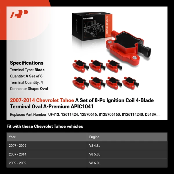 2007-2014 Chevrolet Tahoe A Set of 8-Pc Ignition Coil 4-Blade Terminal Oval A-Premium APIC1041