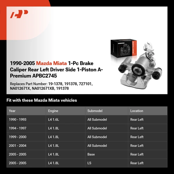 1990-2005 Mazda Miata 1-Pc Brake Caliper Rear Left Driver Side 1-Piston A-Premium APBC2745