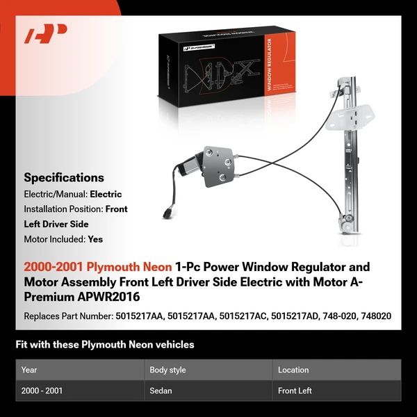 2000-2001 Plymouth Neon 1-Pc Power Window Regulator and Motor Assembly Front Left Driver Side Electric with Motor A-Premium APWR2016