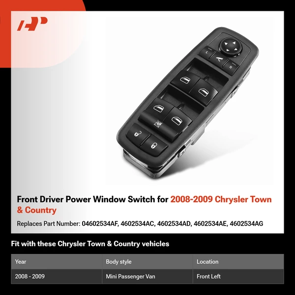 Front Driver Power Window Switch for 2008-2009 Chrysler Town & Country