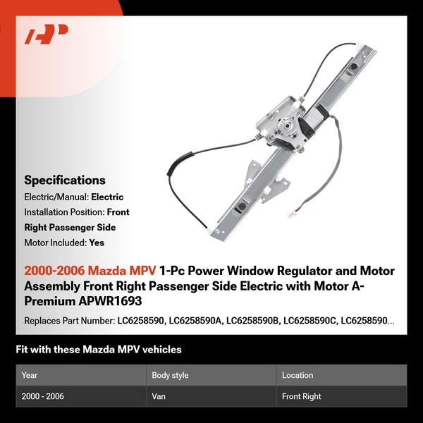 2000-2006 Mazda MPV 1-Pc Power Window Regulator and Motor Assembly Front Right Passenger Side Electric with Motor A-Premium APWR1693
