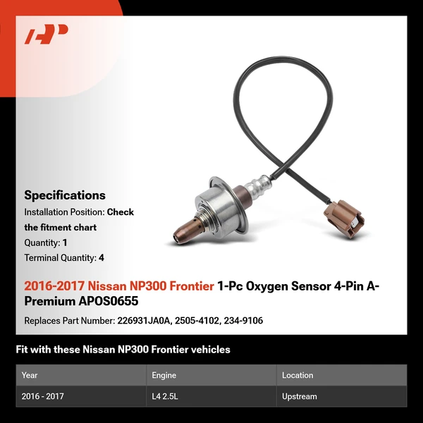 2016-2017 Nissan NP300 Frontier 1-Pc Oxygen Sensor 4-Pin A-Premium APOS0655