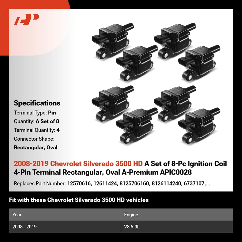 2008-2019 Chevrolet Silverado 3500 HD A Set of 8-Pc Ignition Coil 4-Pin Terminal Rectangular, Oval A-Premium APIC0028