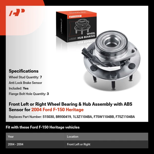 Front Left or Right Wheel Bearing & Hub Assembly with ABS Sensor for 2004 Ford F-150 Heritage