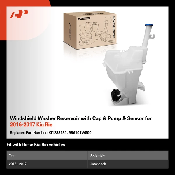 Windshield Washer Reservoir with Cap & Pump & Sensor for 2016-2017 Kia Rio