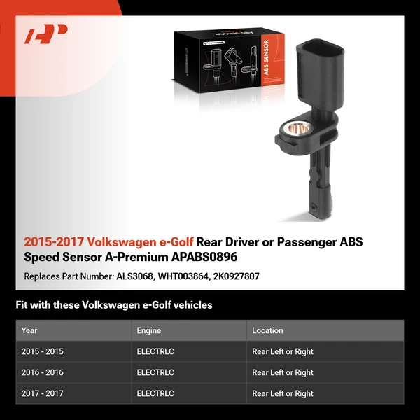 2015-2017 Volkswagen e-Golf Rear Driver or Passenger ABS Speed Sensor A-Premium APABS0896