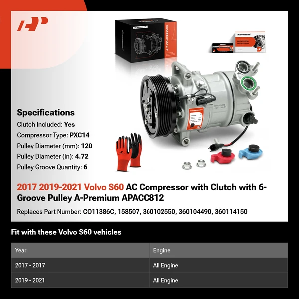 2017 2019-2021 Volvo S60 AC Compressor with Clutch with 6-Groove Pulley A-Premium APACC812