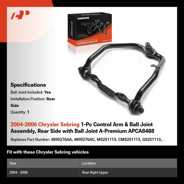 2004-2006 Chrysler Sebring 1-Pc Control Arm & Ball Joint Assembly, Rear Side with Ball Joint A-Premium APCA8488
