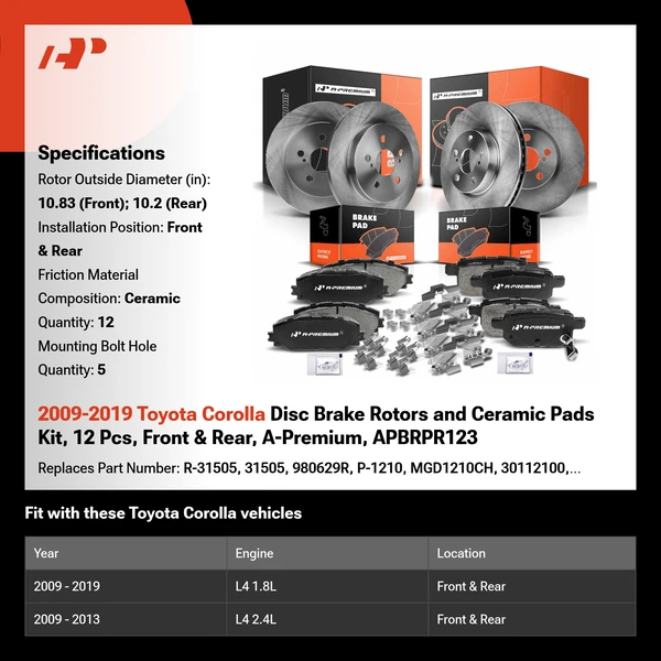 2009-2019 Toyota Corolla Disc Brake Rotors and Ceramic Pads Kit, 12 Pcs, Front & Rear, A-Premium, APBRPR123