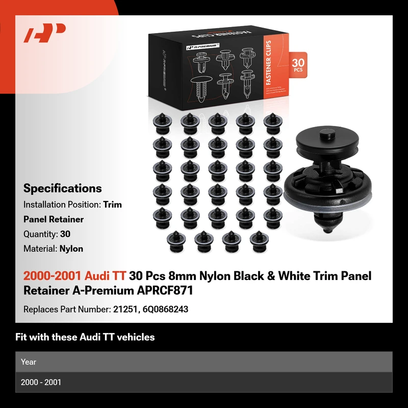2000-2001 Audi TT 30 Pcs 8mm Nylon Black & White Trim Panel Retainer A-Premium APRCF871