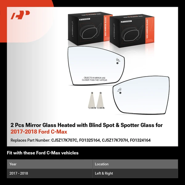 2 Pcs Mirror Glass Heated with Blind Spot & Spotter Glass for 2017-2018 Ford C-Max