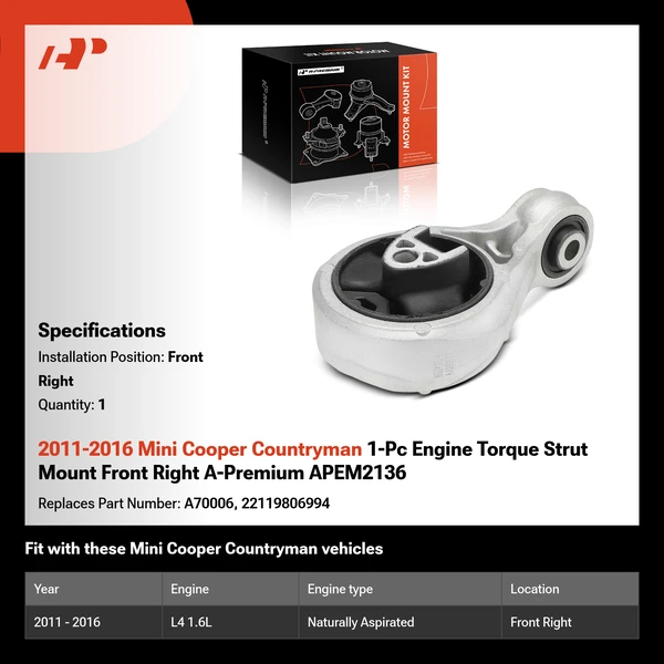2011-2016 Mini Cooper Countryman 1-Pc Engine Torque Strut Mount Front Right A-Premium APEM2136