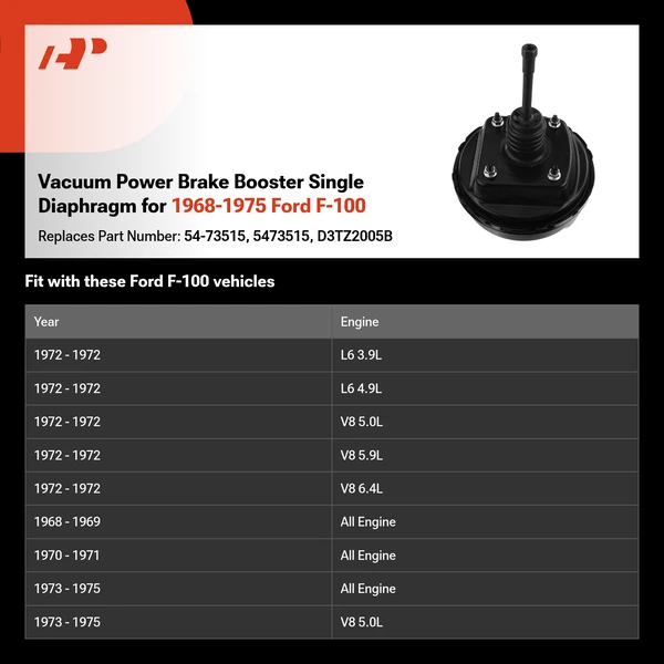 Vacuum Power Brake Booster Single Diaphragm for 1968-1975 Ford F-100