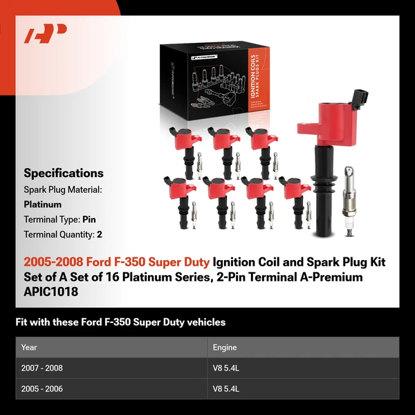 2005-2008 Ford F-350 Super Duty Ignition Coil and Spark Plug Kit Set of A Set of 16 Platinum Series, 2-Pin Terminal A-Premium APIC1018