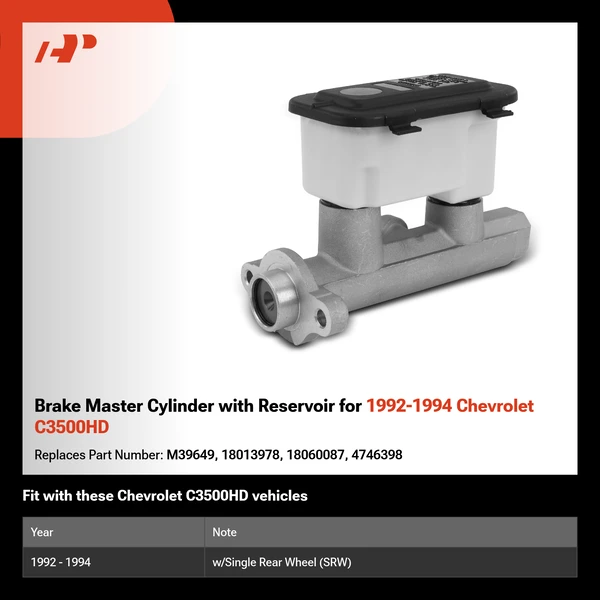 Brake Master Cylinder with Reservoir for 1992-1994 Chevrolet C3500HD