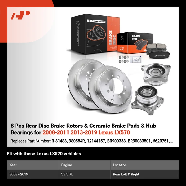 8 Pcs Rear Disc Brake Rotors & Ceramic Brake Pads & Hub Bearings for 2008-2011 2013-2019 Lexus LX570