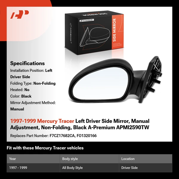 1997-1999 Mercury Tracer Left Driver Side Mirror, Manual Adjustment, Non-Folding, Black A-Premium APMI2590TW