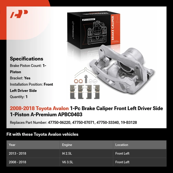 2008-2018 Toyota Avalon 1-Pc Brake Caliper Front Left Driver Side 1-Piston A-Premium APBC0403