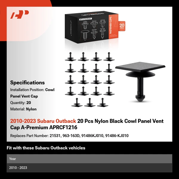 2010-2023 Subaru Outback 20 Pcs Nylon Black Cowl Panel Vent Cap A-Premium APRCF1216