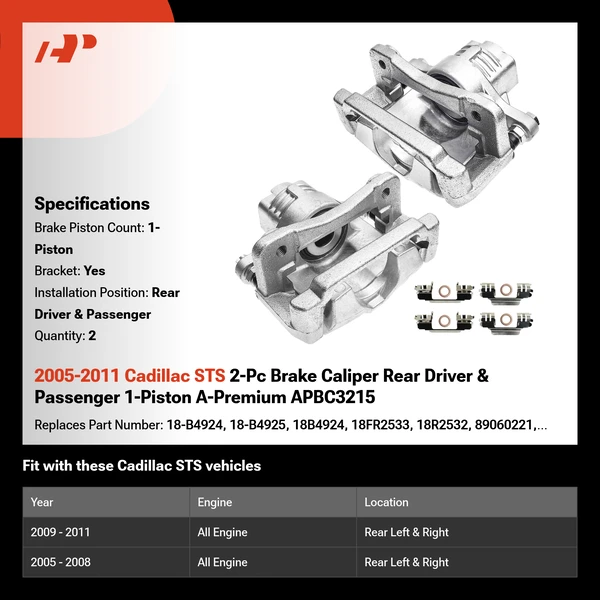 2005-2011 Cadillac STS 2-Pc Brake Caliper Rear Driver & Passenger 1-Piston A-Premium APBC3215