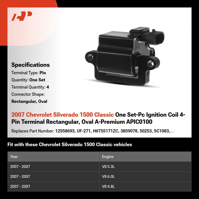 2007 Chevrolet Silverado 1500 Classic One Set-Pc Ignition Coil 4-Pin Terminal Rectangular, Oval A-Premium APIC0100