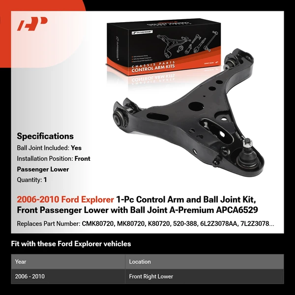 2006-2010 Ford Explorer 1-Pc Control Arm and Ball Joint Kit, Front Passenger Lower with Ball Joint A-Premium APCA6529