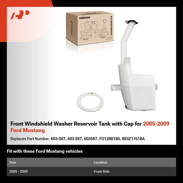 Front Windshield Washer Reservoir Tank with Cap for 2005-2009 Ford Mustang
