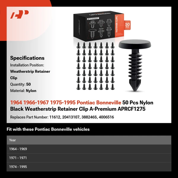 1964 1966-1967 1975-1995 Pontiac Bonneville 50 Pcs Nylon Black Weatherstrip Retainer Clip A-Premium APRCF1275