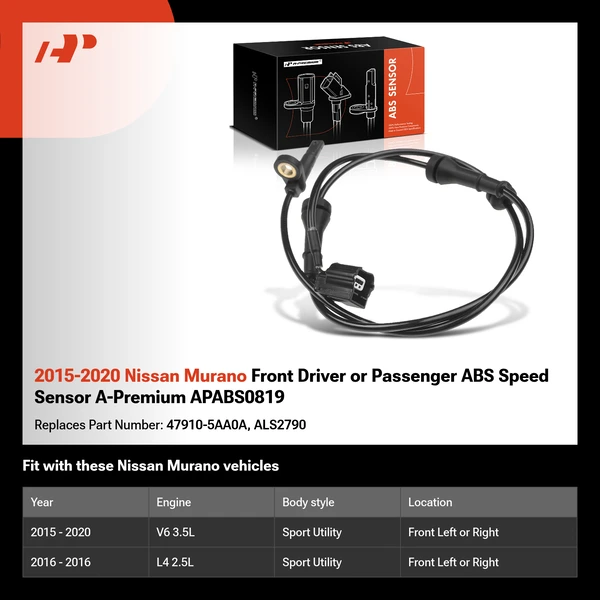 2015-2020 Nissan Murano Front Driver or Passenger ABS Speed Sensor A-Premium APABS0819