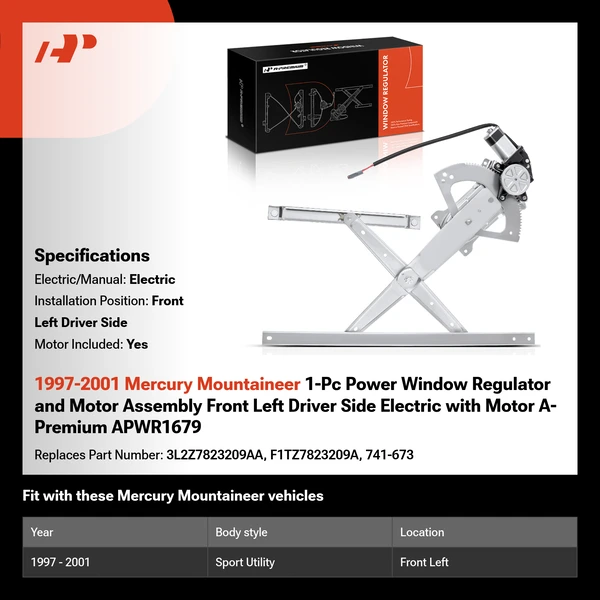 1997-2001 Mercury Mountaineer 1-Pc Power Window Regulator and Motor Assembly Front Left Driver Side Electric with Motor A-Premium APWR1679
