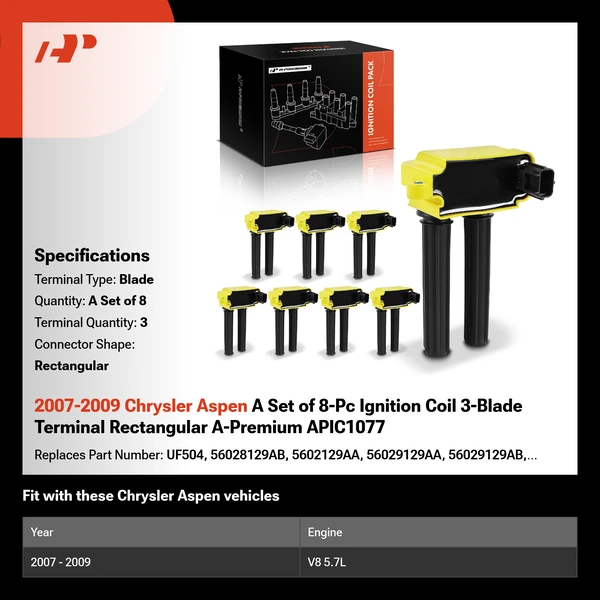 2007-2009 Chrysler Aspen A Set of 8-Pc Ignition Coil 3-Blade Terminal Rectangular A-Premium APIC1077