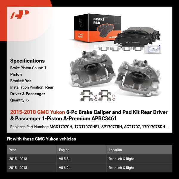 2015-2018 GMC Yukon 6-Pc Brake Caliper and Pad Kit Rear Driver & Passenger 1-Piston A-Premium APBC3461