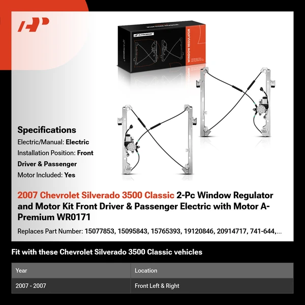 2007 Chevrolet Silverado 3500 Classic 2-Pc Window Regulator and Motor Kit Front Driver & Passenger Electric with Motor A-Premium WR0171