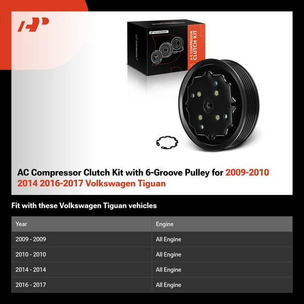 AC Compressor Clutch Kit with 6-Groove Pulley for 2009-2010 2014 2016-2017 Volkswagen Tiguan