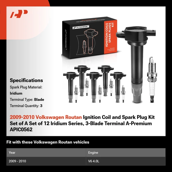 2009-2010 Volkswagen Routan Ignition Coil and Spark Plug Kit Set of A Set of 12 Iridium Series, 3-Blade Terminal A-Premium APIC0562